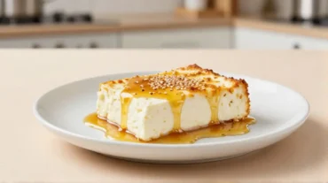 Gebackener Feta mit Honig und Sesam, perfekt zubereitet im Airfryer für ein herzhaftes Gericht.