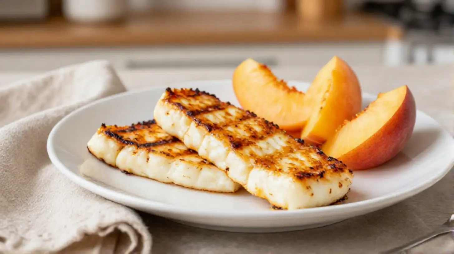 Lecker gegrillter Halloumi mit saftigen Pfirsichscheiben, zubereitet im Airfryer.