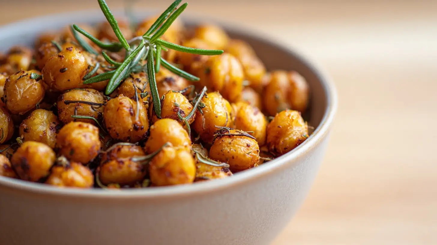Leckere geröstete Kichererbsen mit Rosmarin aus dem Airfryer, perfekt als Snack.