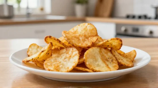 Appetitliche goldbraune Kartoffelchips, frisch und knusprig aus dem Airfryer serviert.