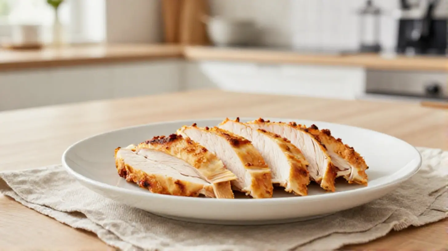 Saftige, goldbraun gebratene Putenbrust aus der Heißluftfritteuse, appetitlich angerichtet für ein gesundes Essen.