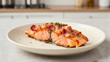 Zartes Lachsfilet umhüllt von knusprigem Speck, frisch aus dem Airfryer.