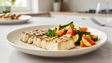 Zart mariniertes Tofu-Steak, perfekt zubereitet im Airfryer für ein köstliches veganes Gericht.