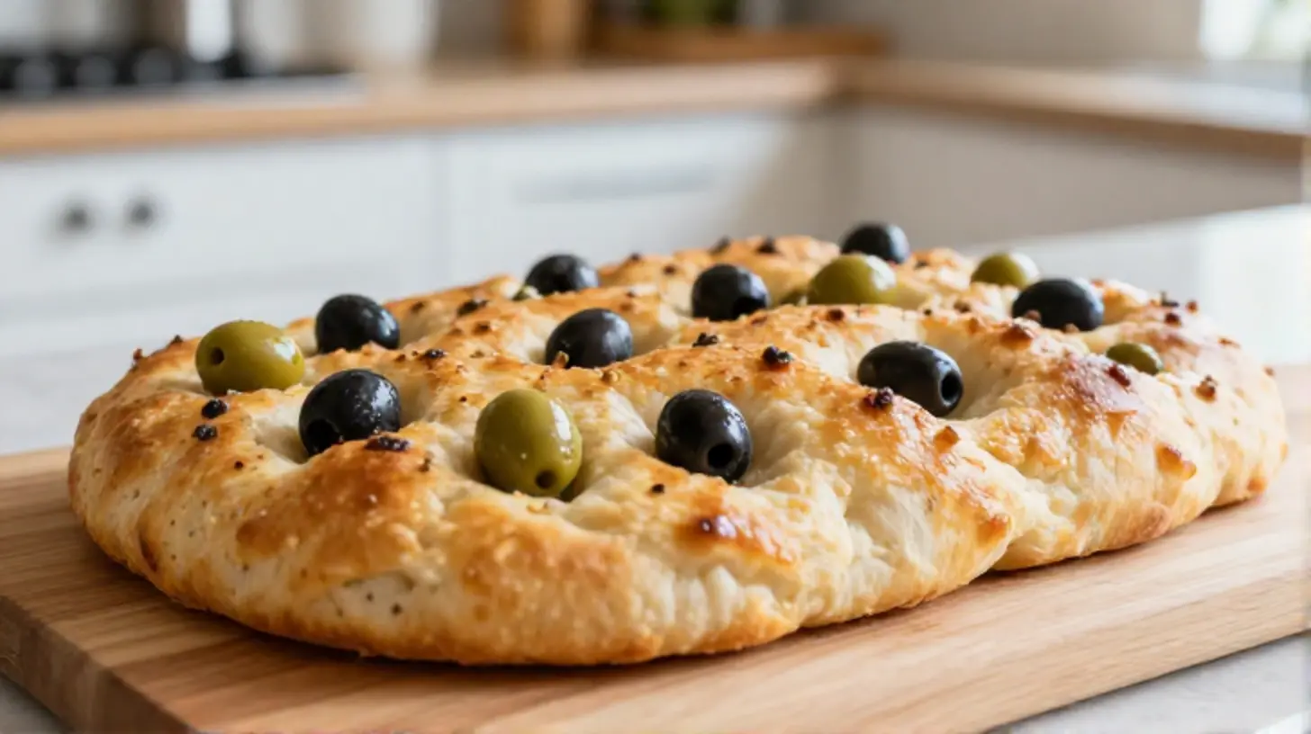 Mediterrane Oliven-Focaccia, frisch aus dem Airfryer, perfekt für jeden Snack.