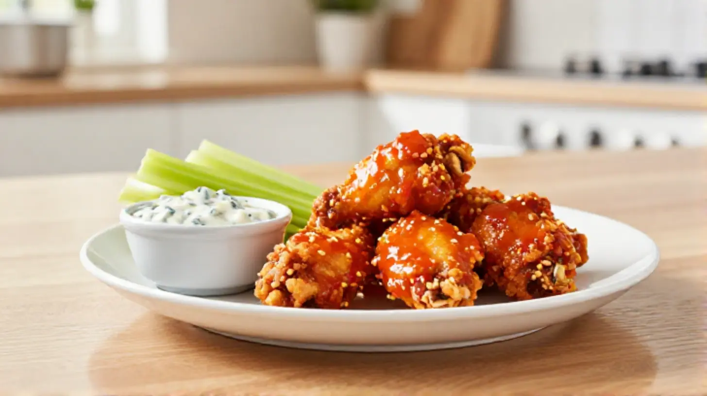 Knusprige Buffalo Wings aus der Heißluftfritteuse, perfekt goldbraun gebacken und mit scharfer Soße beträufelt.