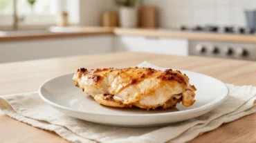 Knusprig goldbraune Hähnchenbrust aus dem Airfryer, perfekt zubereitet für ein schnelles Abendessen.