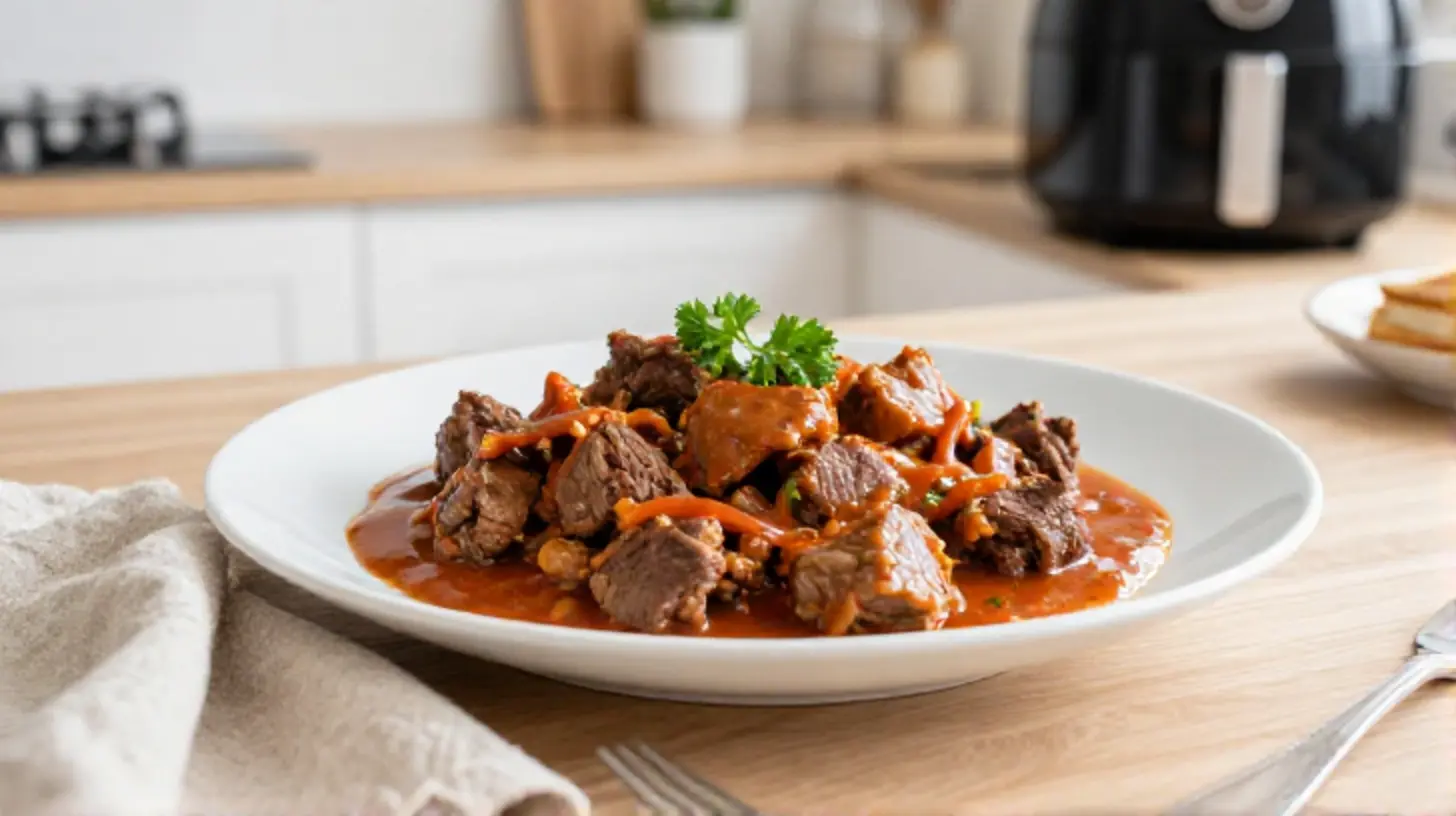 Herzhaftes Gulasch vom Rind, perfekt zubereitet im Airfryer, serviert mit frischen Kräutern und Beilagen.