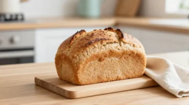 Ein köstliches, frisch gebackenes Vollkornbrot aus der Heißluftfritteuse auf einem Holzbrett, bereit zum Anschneiden und Genießen.