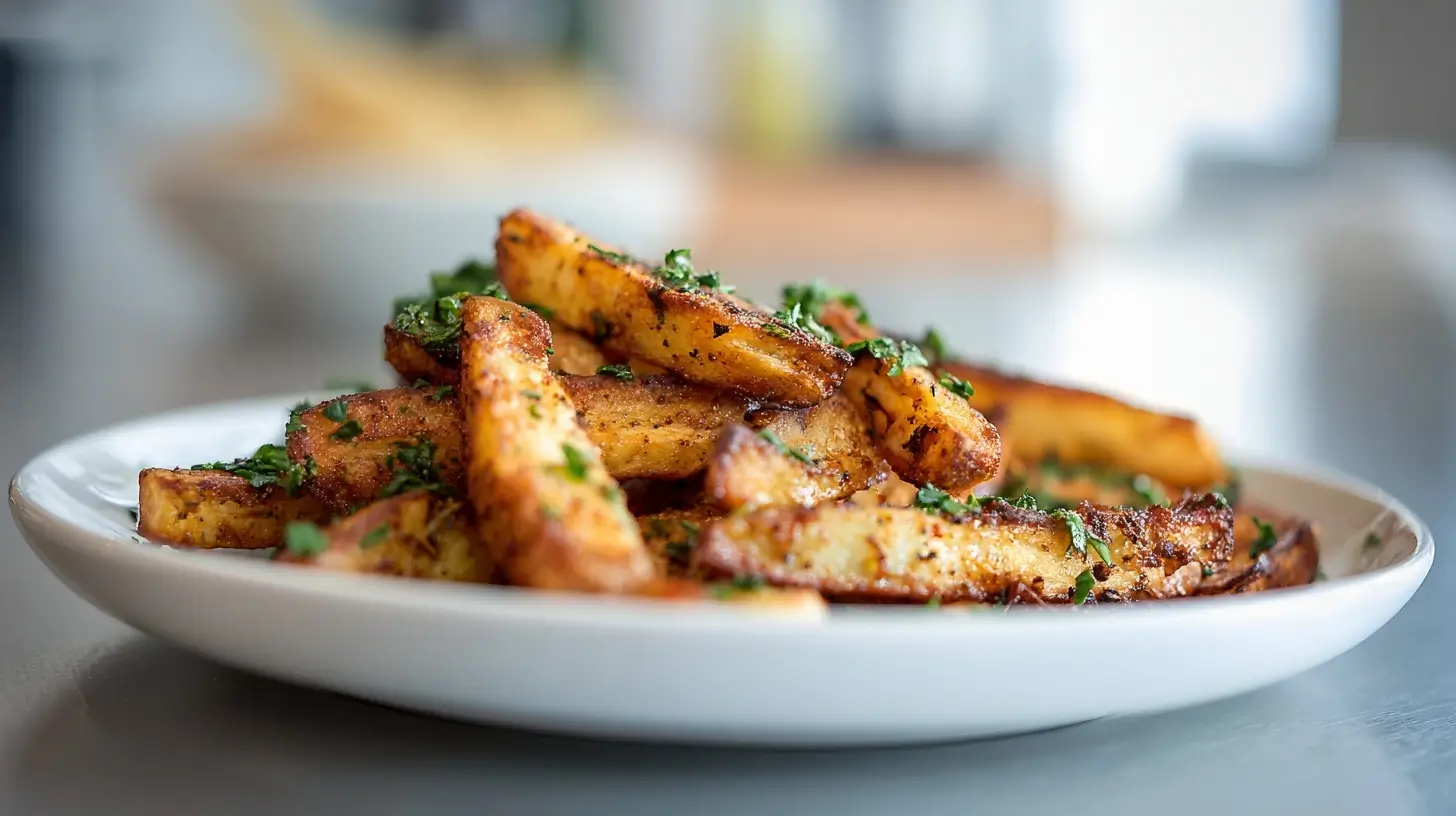 Knusprige Steckrüben-Pommes aus der Heißluftfritteuse, perfekt gewürzt und unglaublich lecker.