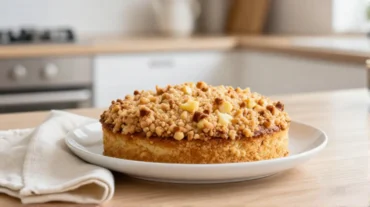 Ein perfekt goldbrauner Streuselkuchen, frisch und knusprig aus dem Airfryer zubereitet.