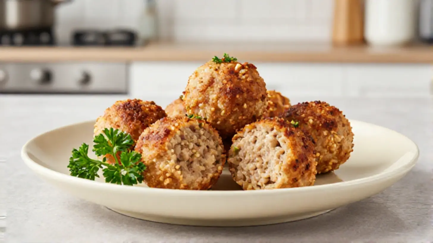 Leckere vegane Fleischbällchen, knusprig zubereitet im Airfryer für eine gesunde Mahlzeit.