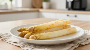 Ein Teller mit perfekt gegartem weißem Spargel aus der Heißluftfritteuse, goldbraun und zart, mit frischen Kräutern garniert.