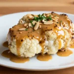 Leckeres Blumenkohl-Steak mit aromatischem Mandelmus, zubereitet im Airfryer für gesunde und schnelle Mahlzeiten.