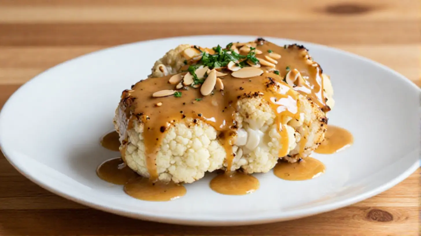 Leckeres Blumenkohl-Steak mit aromatischem Mandelmus, zubereitet im Airfryer für gesunde und schnelle Mahlzeiten.