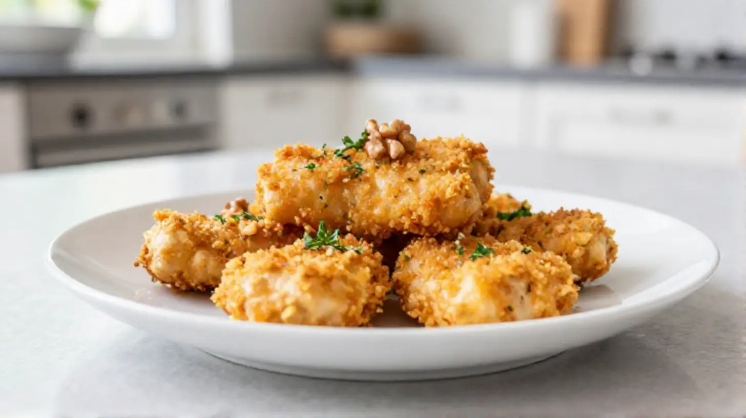 Knusprige Chicken Nuggets mit einem köstlichen Käse-Walnuss-Mantel, zubereitet im Airfryer für perfekten Genuss.