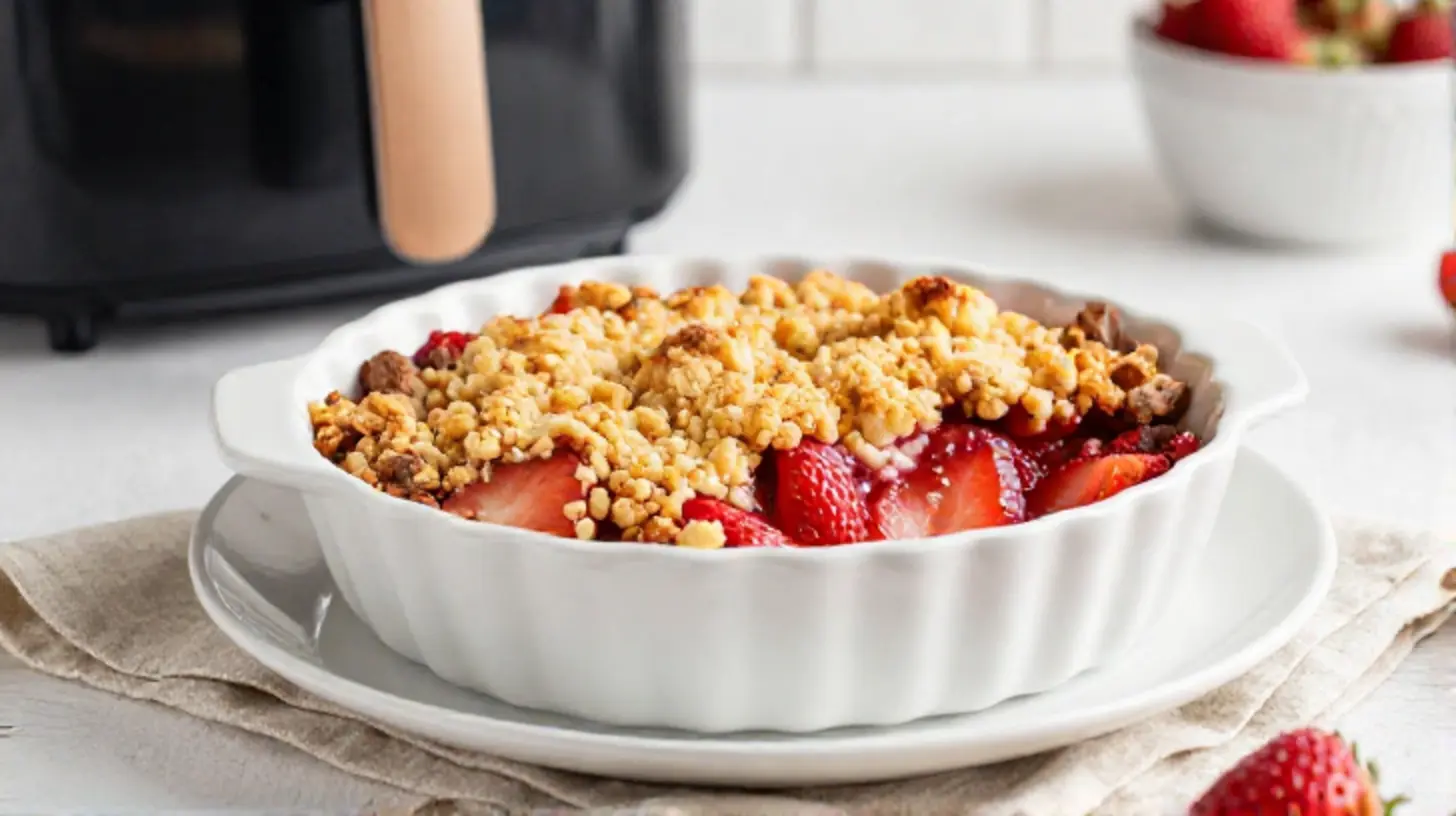 Leckerer Erdbeer-Crumble aus der Heißluftfritteuse, perfekt für einen süßen Snack.