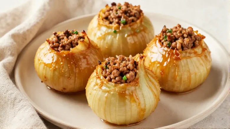 Lecker gefüllte Zwiebeln aus der Heißluftfritteuse, perfekt gewürzt und saftig.