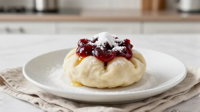 Leckerer Germknödel aus der Heißluftfritteuse, gefüllt mit fruchtiger Powidl und bestreut mit Puderzucker.