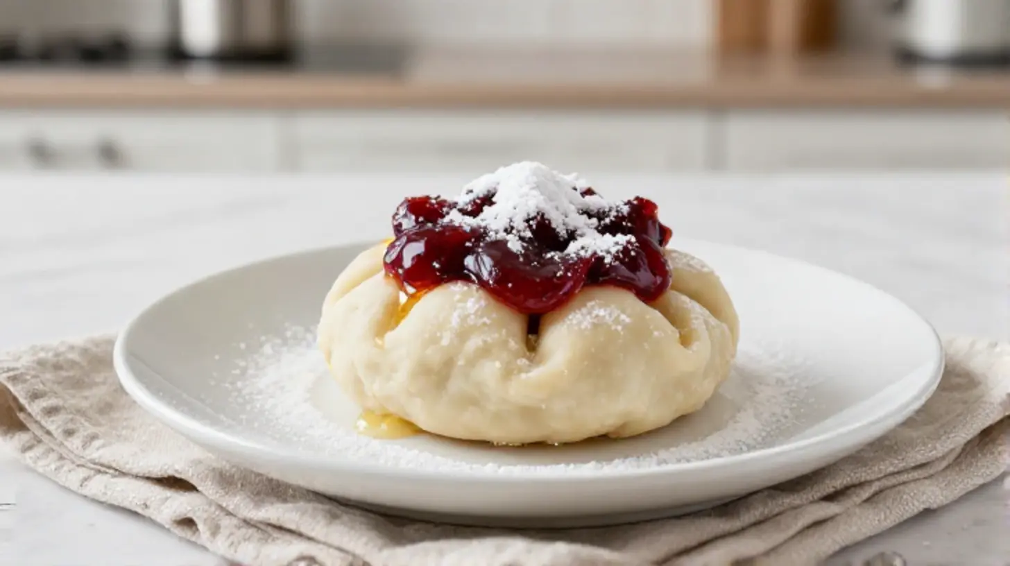 Leckerer Germknödel aus der Heißluftfritteuse, gefüllt mit fruchtiger Powidl und bestreut mit Puderzucker.
