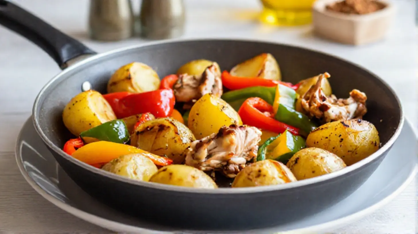 Leckere griechische Bauernpfanne aus der Heißluftfritteuse, vollgepackt mit frischem Gemüse und zartem Fleisch.
