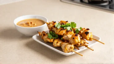 Leckere Hähnchen-Sate-Spieße aus der Heißluftfritteuse mit einer würzigen Erdnusssauce.