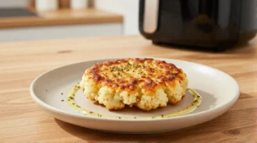 Leckerer knuspriger Blumenkohl-Bratling aus der Heißluftfritteuse, perfekt für eine gesunde Mahlzeit.