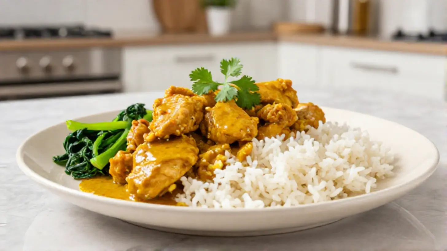 Leckeres Kokos-Curry-Hähnchen aus der Heißluftfritteuse mit aromatischen Gewürzen und frischem Gemüse.