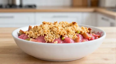Leckeres Rhabarber-Crumble aus dem Airfryer, perfekt gebacken mit knusprigem Topping.
