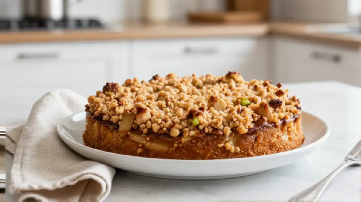 Saftiger Rhabarber-Streuselkuchen, perfekt zubereitet im Airfryer für einen knusprigen Genuss.