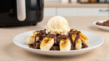 Leckeres Schoko-Banana-Split aus der Heißluftfritteuse mit frisch zubereiteten Zutaten.