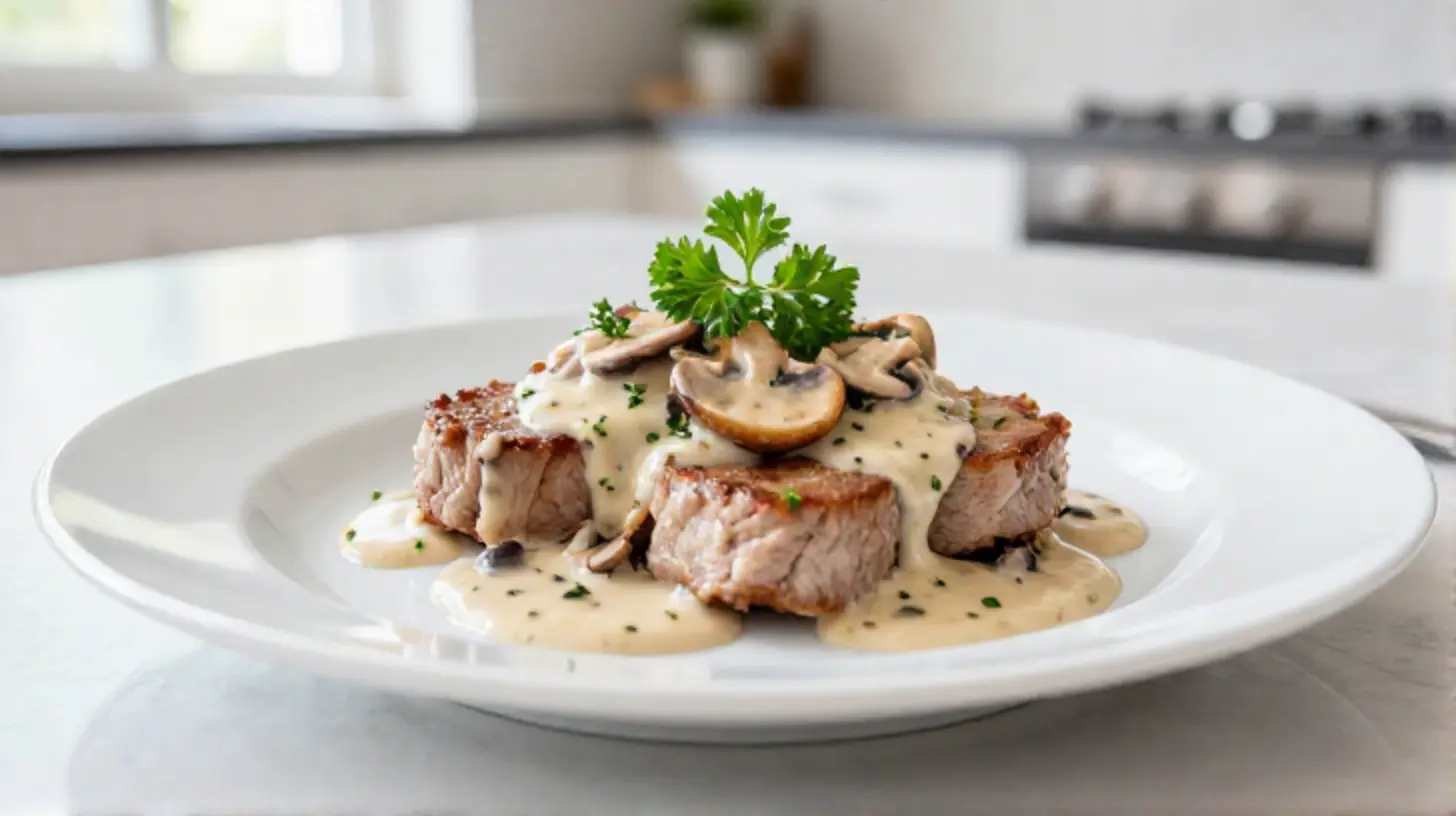 Saftige Schweinefilet-Medaillons in einer cremigen Champignonsoße, zubereitet in der Heißluftfritteuse.