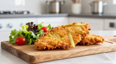 Knuspriges Sellerie-Schnitzel aus der Heißluftfritteuse mit würziger Panade.