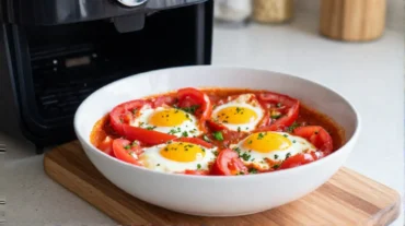 Farbenfrohe Shakshuka aus der Heißluftfritteuse mit frischen Eiern und Gewürzen.