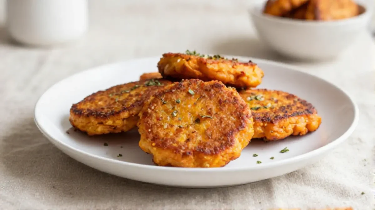 Leckere Süßkartoffel-Bratlinge, goldbraun im Airfryer zubereitet, ideal für eine gesunde Mahlzeit.