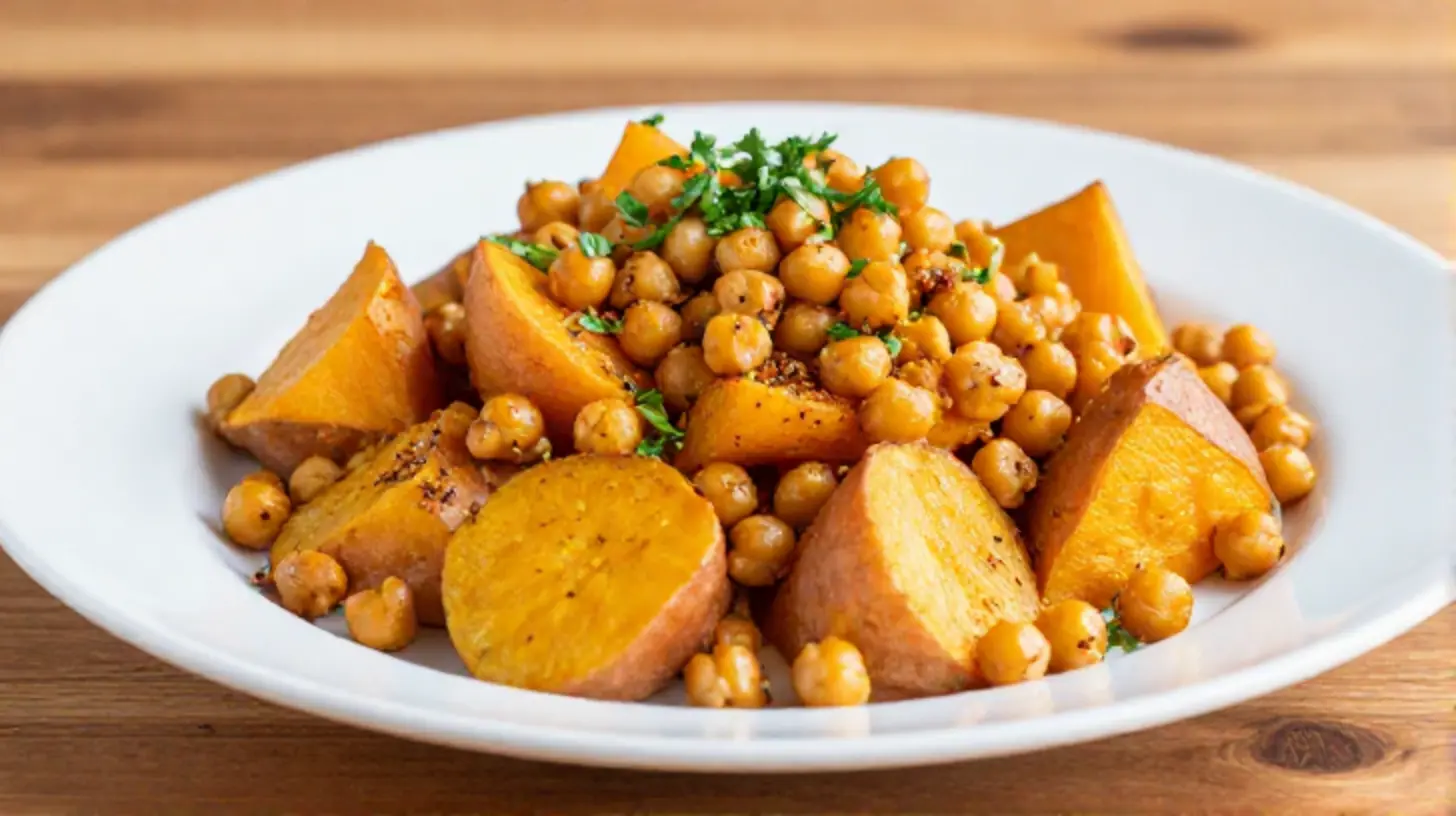 Leckere Süßkartoffel-Kichererbsen-Pfanne aus der Heißluftfritteuse mit buntem Gemüse.