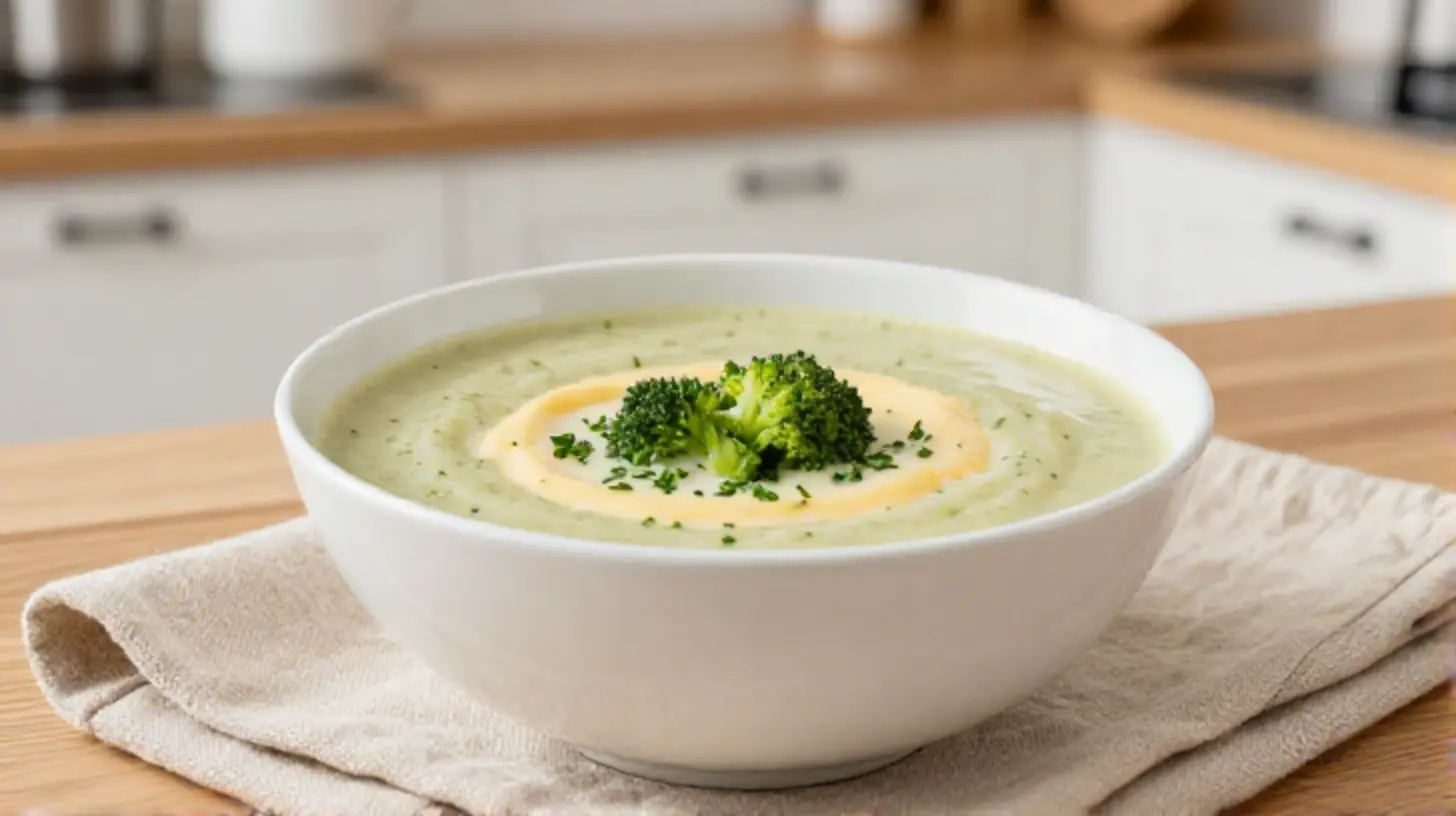 Leckere Brokkoli-Käse-Suppe aus der Heißluftfritteuse mit cremiger Konsistenz.