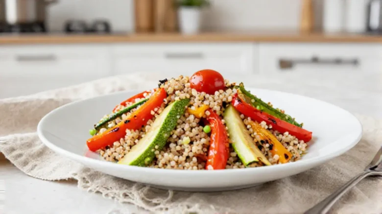 Leckerer bunter Quinoa-Salat mit geröstetem Gemüse, zubereitet im Airfryer.