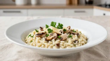 Leckeres Champignon-Risotto aus der Heißluftfritteuse mit cremiger Konsistenz und aromatischem Geschmack.