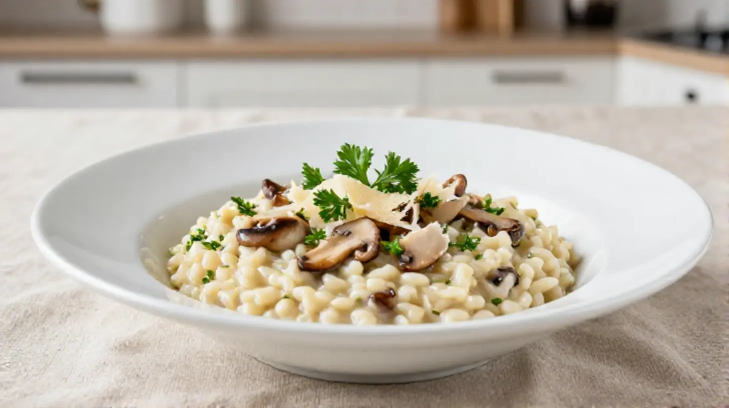 Leckeres Champignon-Risotto aus der Heißluftfritteuse mit cremiger Konsistenz und aromatischem Geschmack.