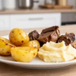 Himmel und Erde aus der Heißluftfritteuse mit leckeren Äpfeln und Kartoffeln.