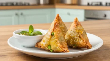 Leckere indische Samosa aus der Heißluftfritteuse, perfekt knusprig und aromatisch gefüllt.