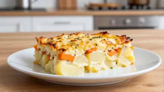 Leckeres Kartoffel-Möhren-Gratin, perfekt zubereitet in der Heißluftfritteuse für ein knuspriges Ergebnis.