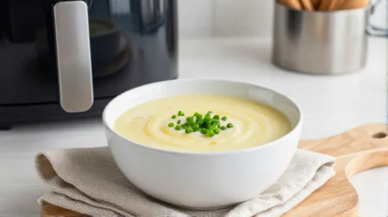 Köstliche Kartoffelsuppe aus der Heißluftfritteuse mit frischen Kräutern.