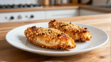Saftige Hähnchenbrust mit Parmesan-Kruste, perfekt zubereitet in der Heißluftfritteuse.