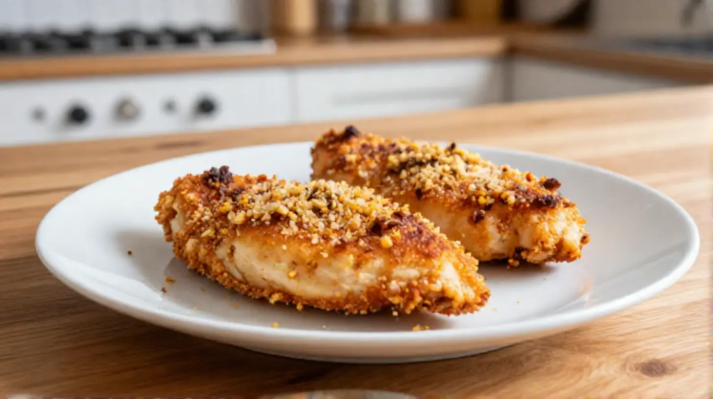 Saftige Hähnchenbrust mit Parmesan-Kruste, perfekt zubereitet in der Heißluftfritteuse.