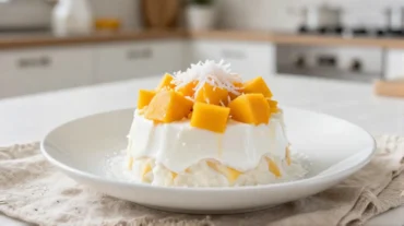 Köstliches Kokos-Mango-Dessert aus der Heißluftfritteuse, ideal für heiße Sommertage.