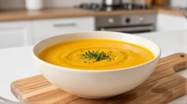 Leckere Kürbissuppe aus der Heißluftfritteuse mit frischen Kräutern.
