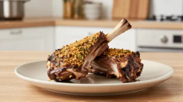 Zarter Lammrücken mit köstlicher Kräuterkruste aus der Heißluftfritteuse für ein elegantes Abendessen.