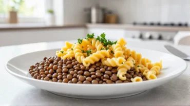 Herzhaftes Gericht Linsen mit Spätzle aus der Heißluftfritteuse, perfekt für ein schnelles Abendessen.