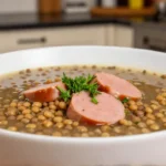 Herzhafte Linsensuppe mit köstlichen Würstchen, zubereitet in der Heißluftfritteuse.